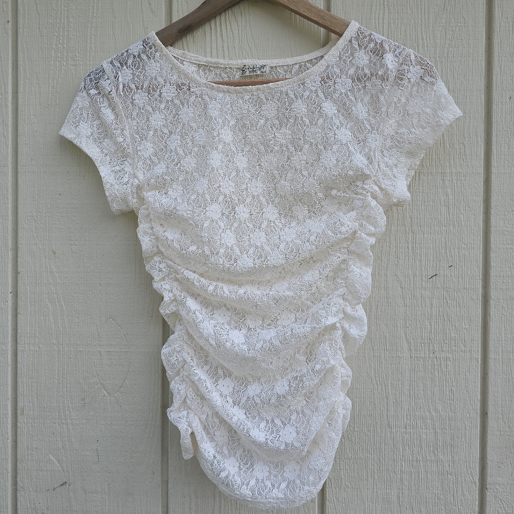 Free People White Lace Ruched Top